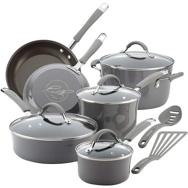 Sea Salt Gray Rachael Ray Cucina Nonstick Cookware Pots and Pans Set 12 Piece 